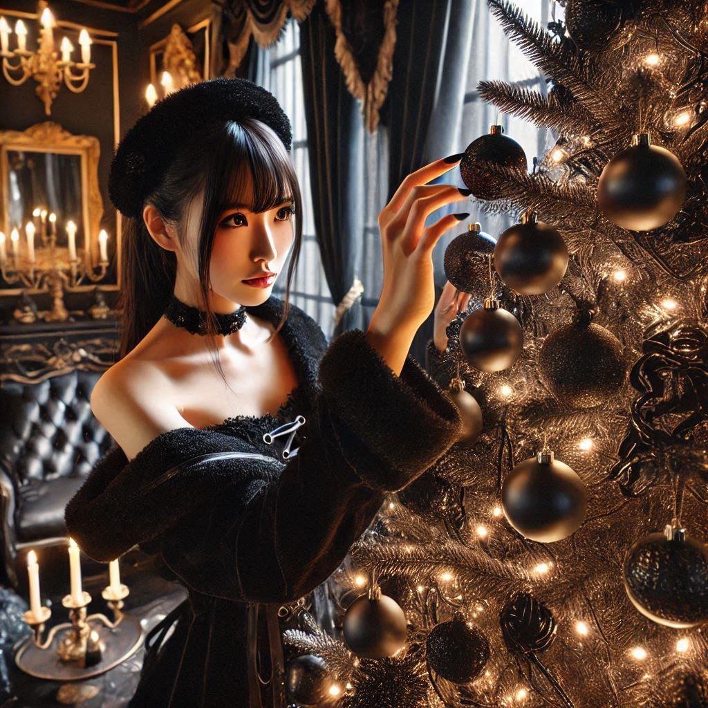 黒い飾り付けをする女性