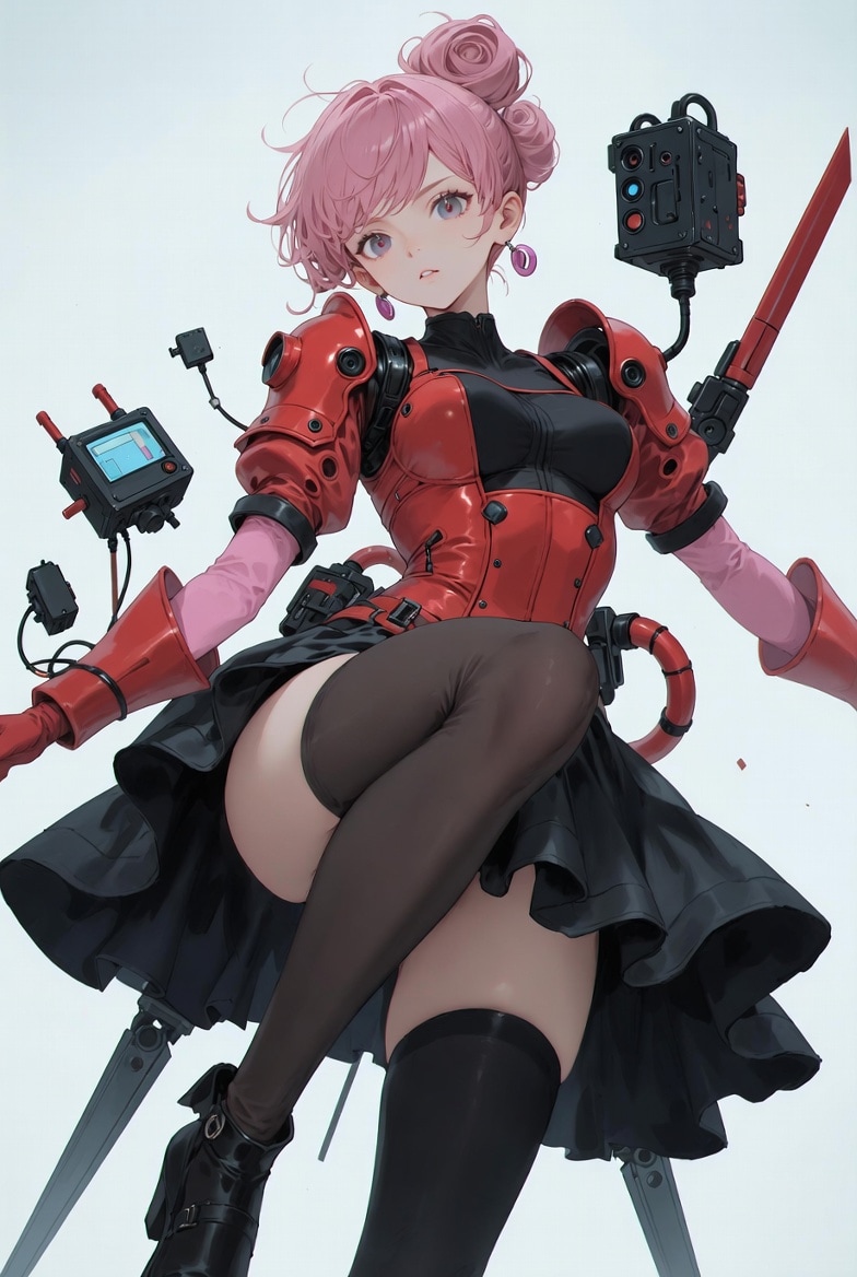 ピンクの柔らかな髪は人間の儚さと温かみを象徴するのに、身体は冷たく輝く赤いメカニカル・アーマーに包まれている。肉体と機械の融合——これは単なるサイバネティクスではなく、ハイデッガーが言う「技術の本質」 | の人気AIイラスト・グラビア