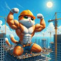 アクリル風　高層ビル建築現場の肉体労働で汗を流し働く現場作業筋肉猫の夏 2枚目
