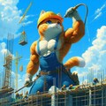 アクリル風　高層ビル建築現場の肉体労働で汗を流し働く現場作業筋肉猫の夏 3枚目