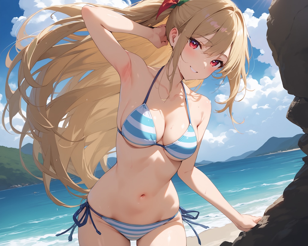 しましまビキニの女の娘♪　サイドポニー♡