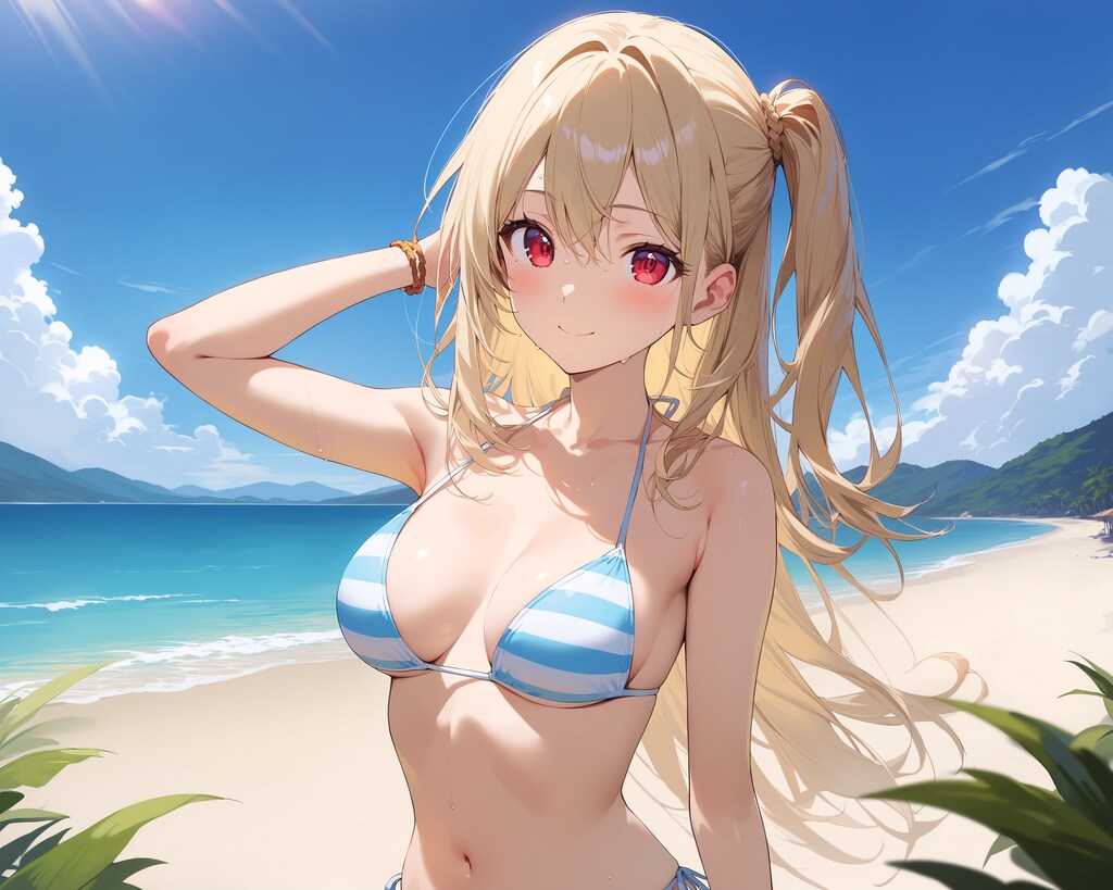 しましまビキニの女の娘♪　サイドポニー♡