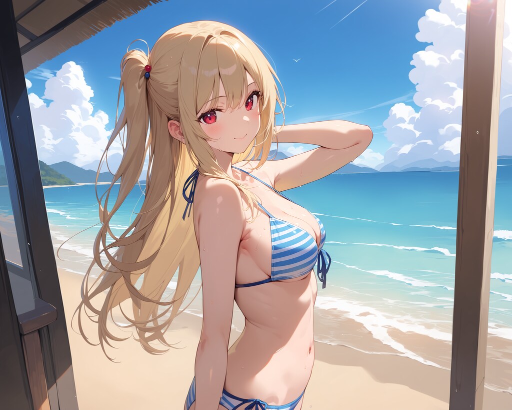 しましまビキニの女の娘♪　サイドポニー♡