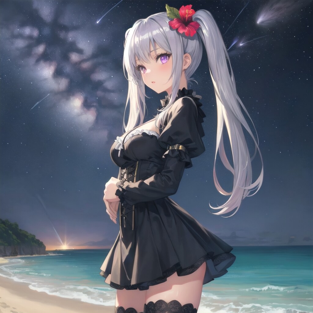 夜の浜辺を散歩するエルファシアさん16歳