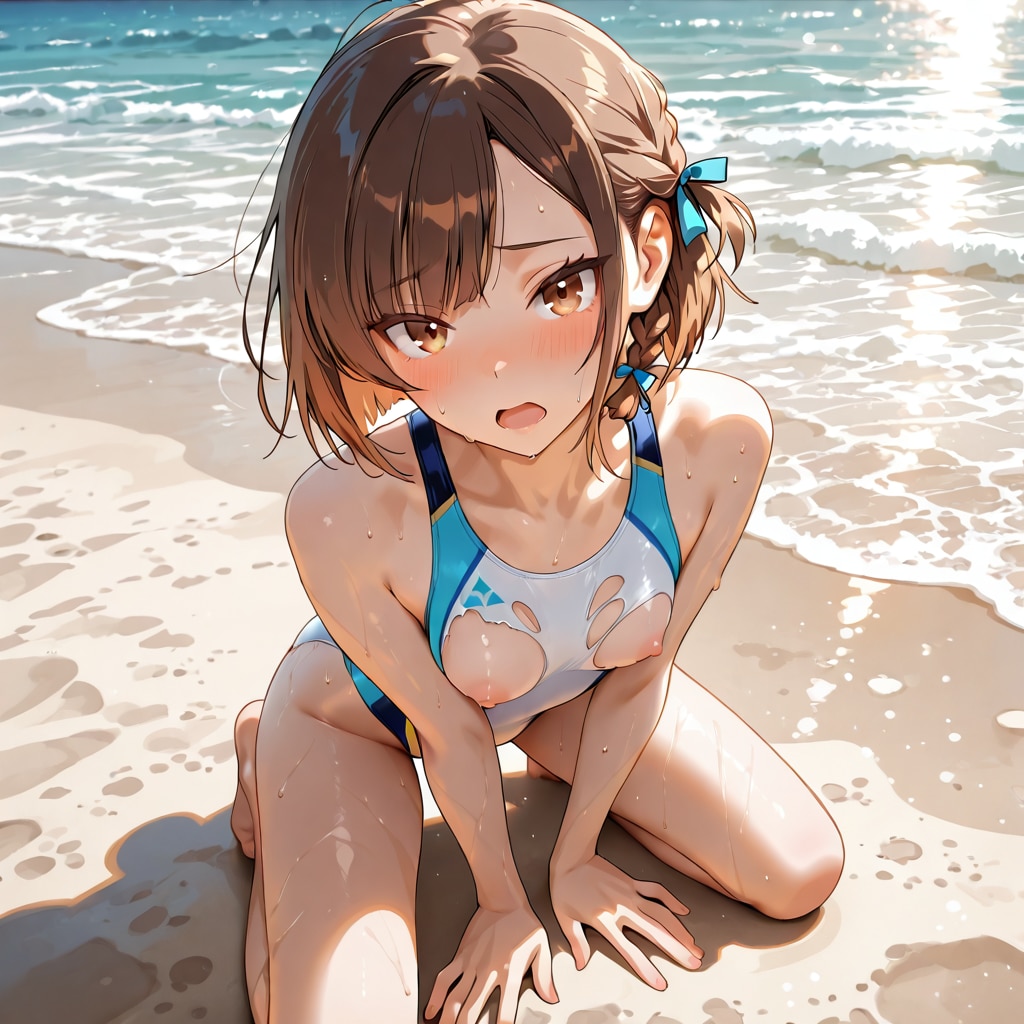 浜辺で膝立ち