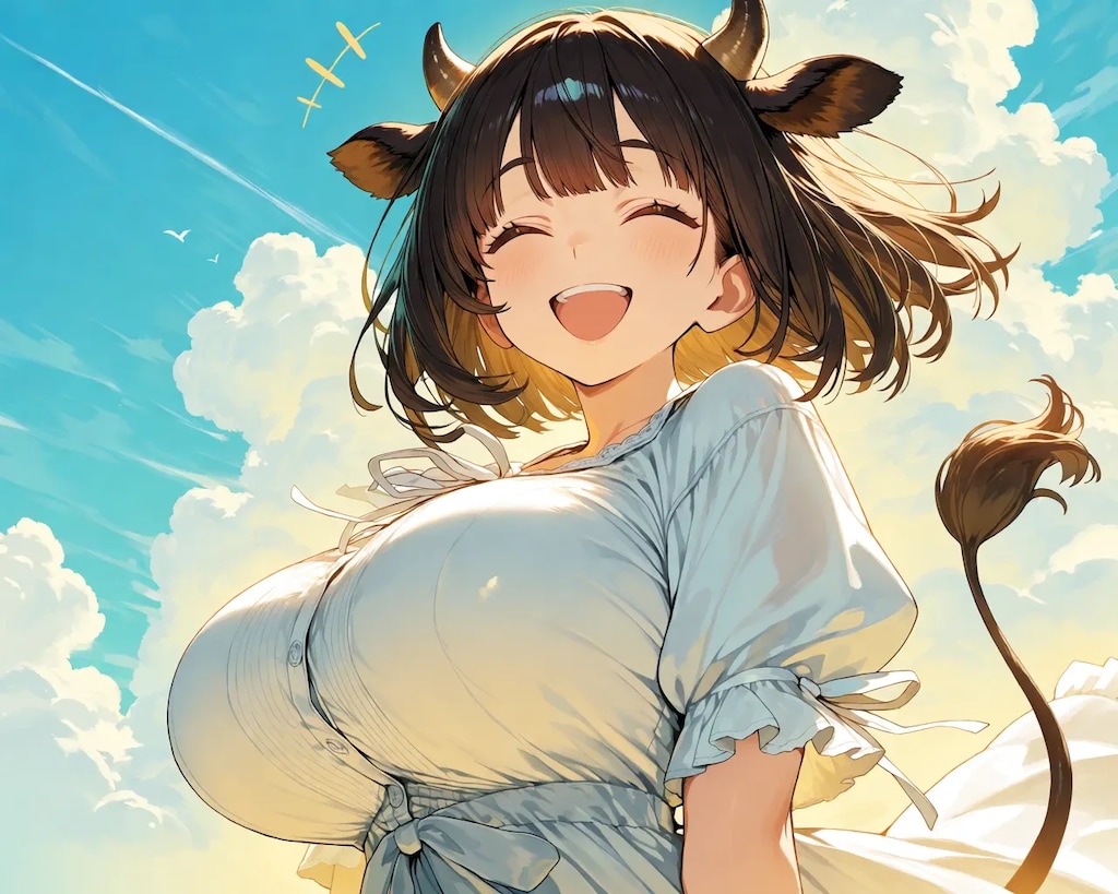 夏空の下の笑顔　牛娘さん