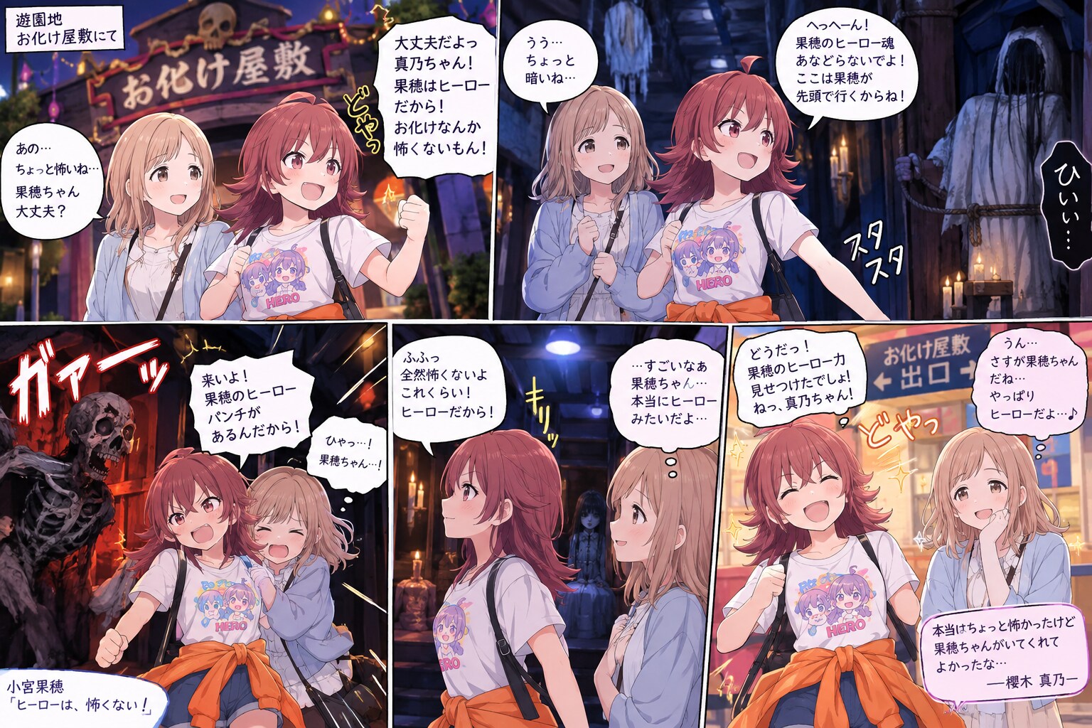 遊園地のお化け屋敷を歩いている櫻木真乃と小宮果穂 | の人気AIイラスト・グラビア