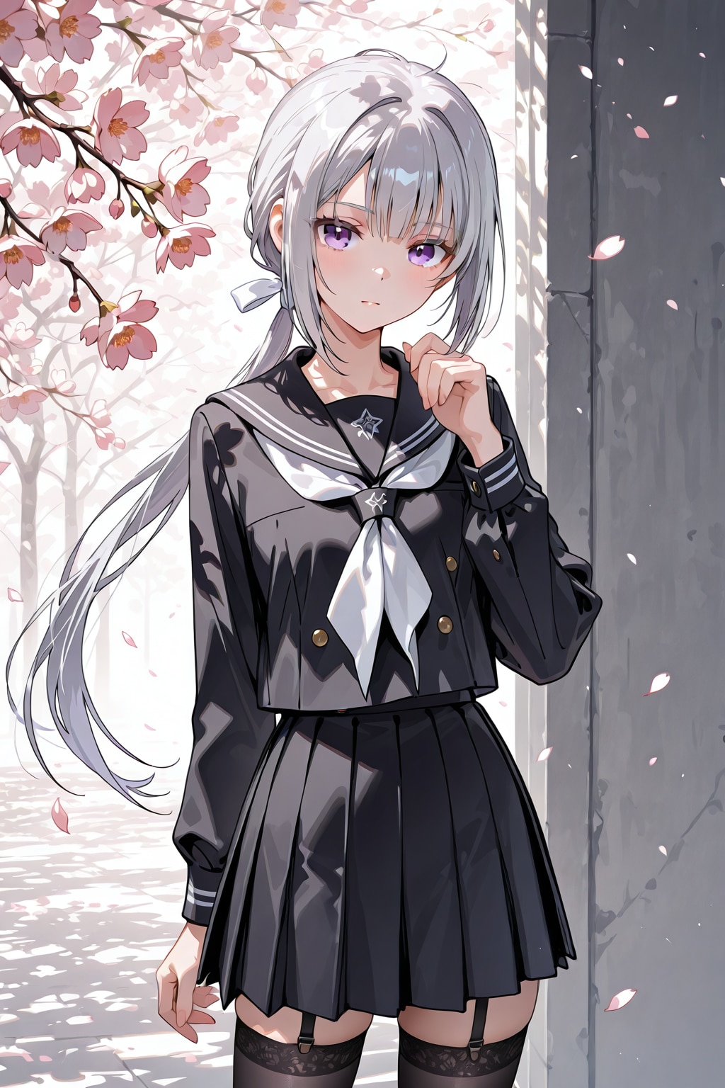 セーラー服を着た少女と桜