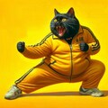 油絵映画風、ブルース・リーになりたいトラックスーツを着た黒猫 2枚目