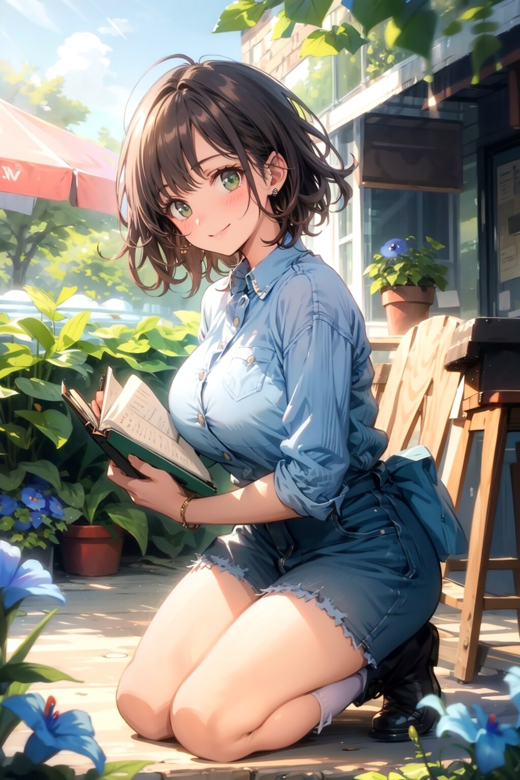 庭で読書をする彼女