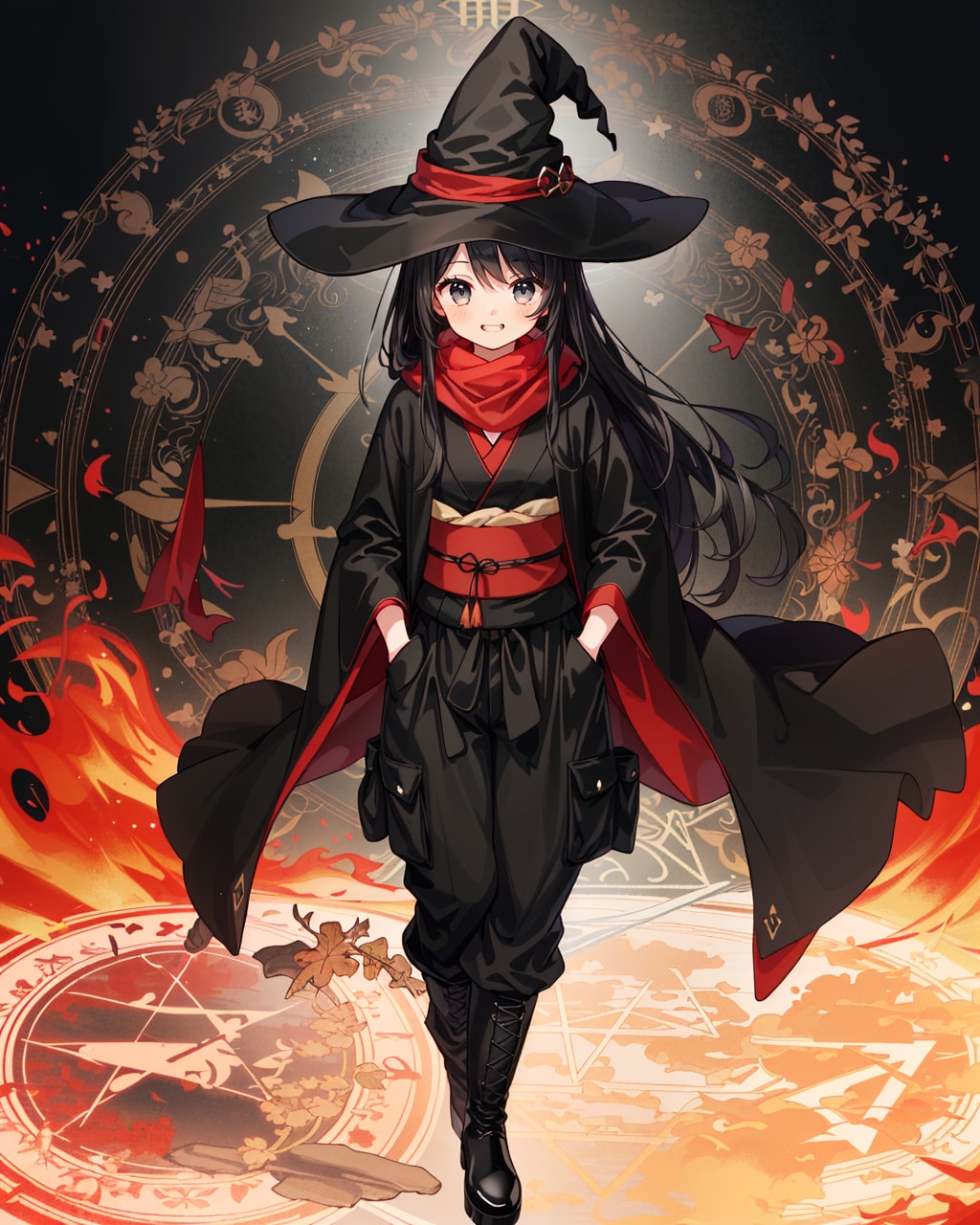 花と炎の魔法陣と魔女