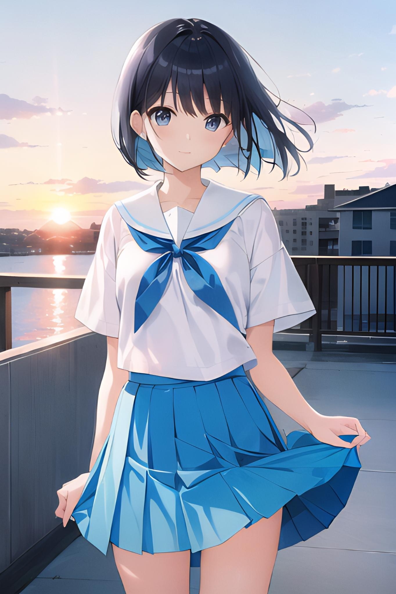 水色プリーツスカート：初秋の朝