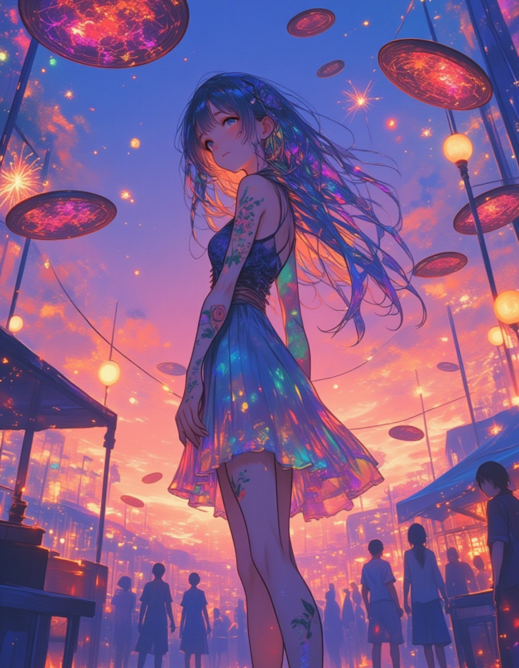 薄暮の祭りに舞う虹色の少女