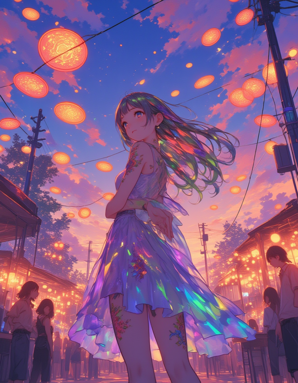 薄暮の祭りに舞う虹色の少女