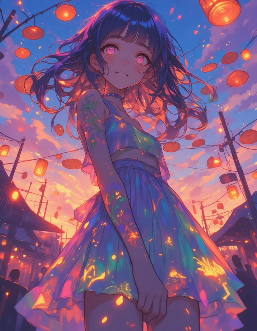 薄暮の祭りに舞う虹色の少女