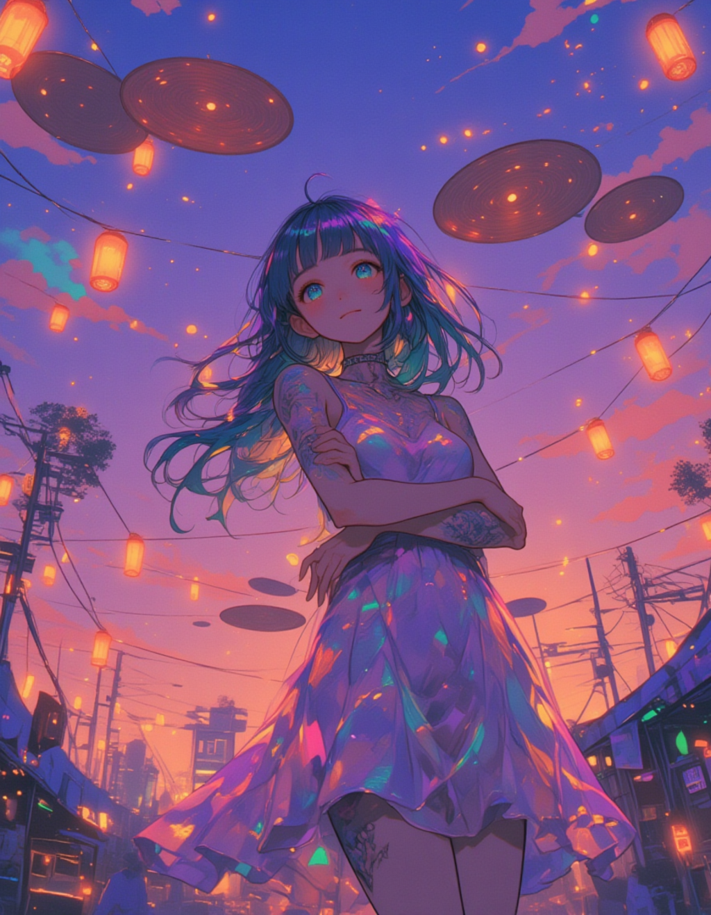 薄暮の祭りに舞う虹色の少女