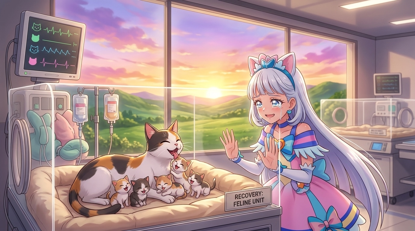 キュアニャミー、元気な親猫と新生児猫を見て、感涙する