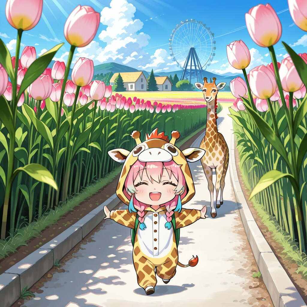 チューリップ畑で遊ぶキリン着ぐるみちび子ちゃん