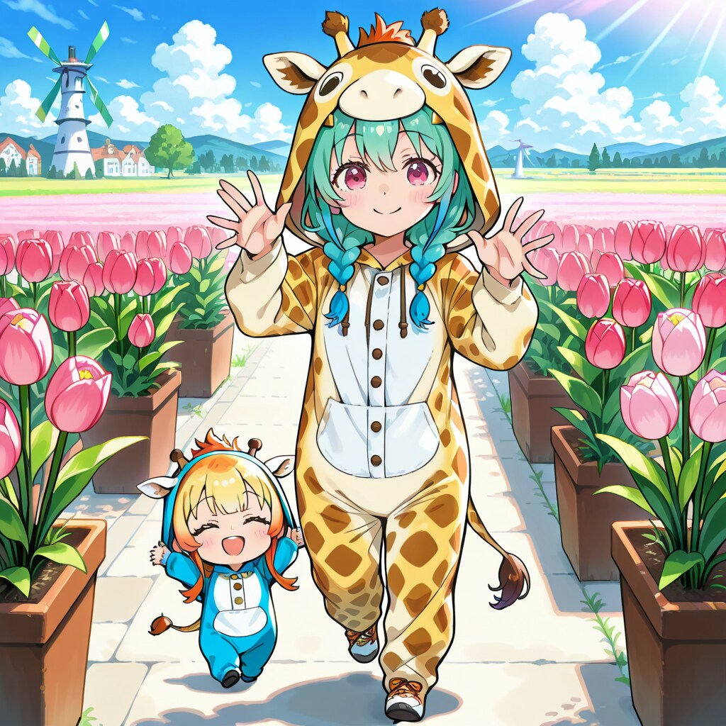 チューリップ畑で遊ぶキリン着ぐるみちび子ちゃん | の人気AIイラスト・グラビア