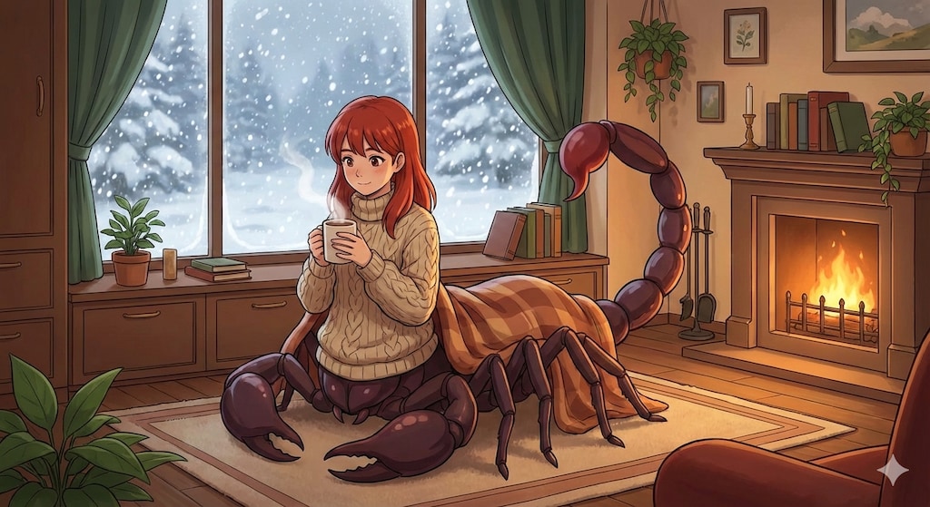 お家で寛ぐ蠍娘ちゃんの絵を生成してみる