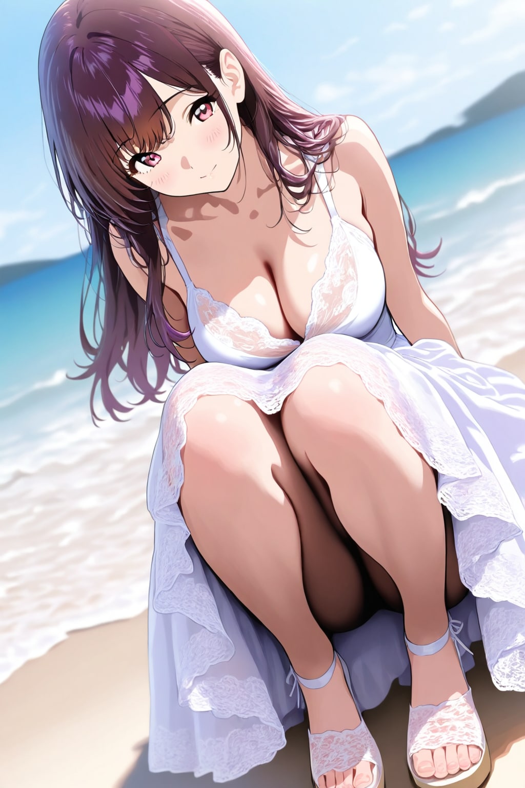 ビーチを騒がす白いレースのロングドレスを着た美女の写真の様に精細な全身画像