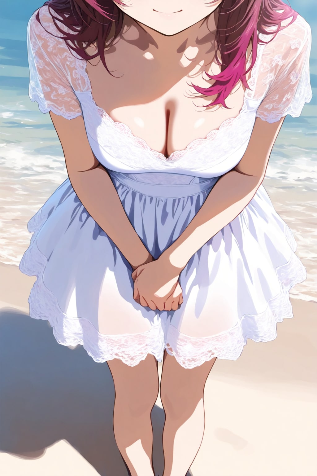 ビーチを騒がす白いレースのロングドレスを着た美女の写真の様に精細な全身画像