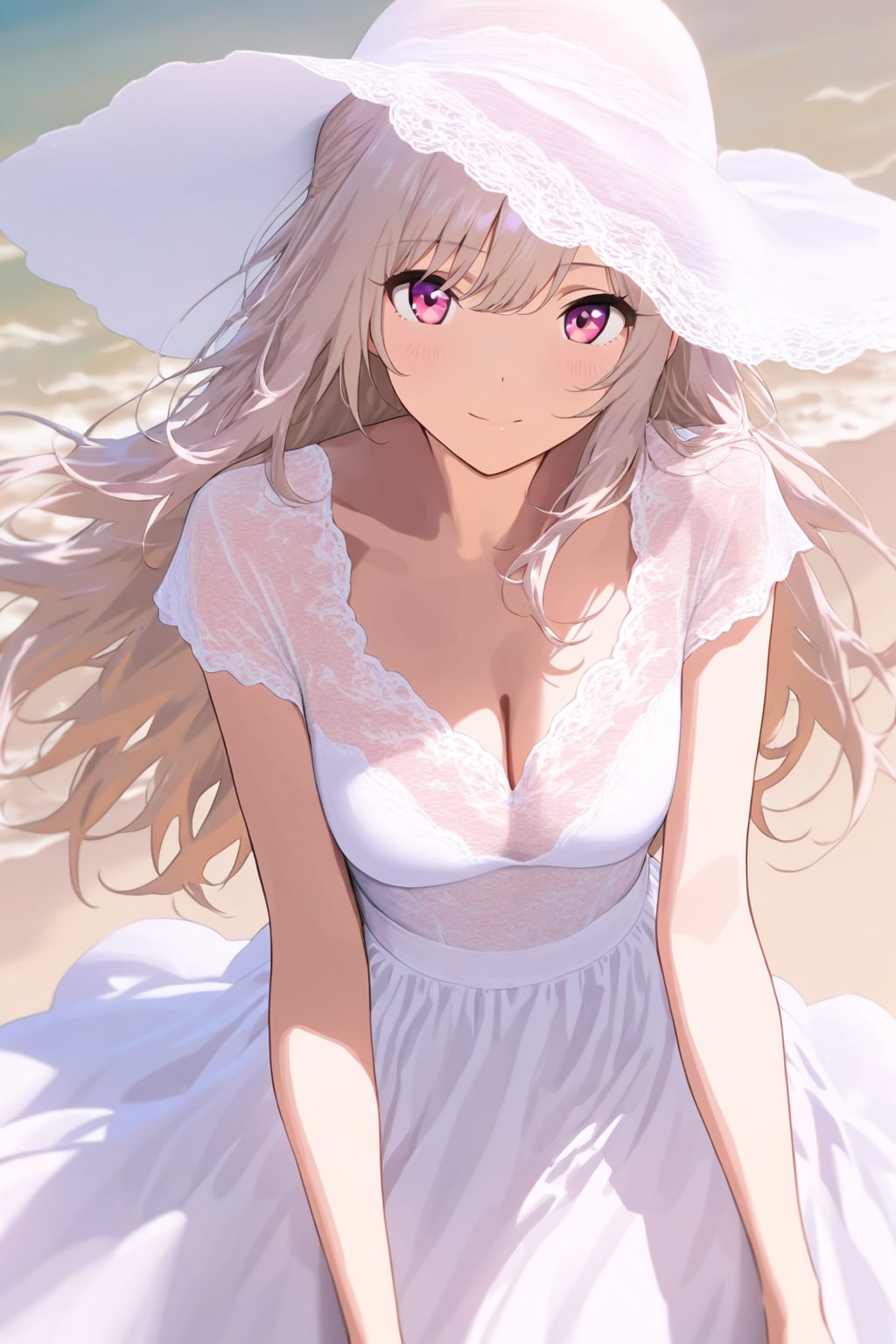 ビーチを騒がす白いレースのロングドレスを着た美女の写真の様に精細な全身画像