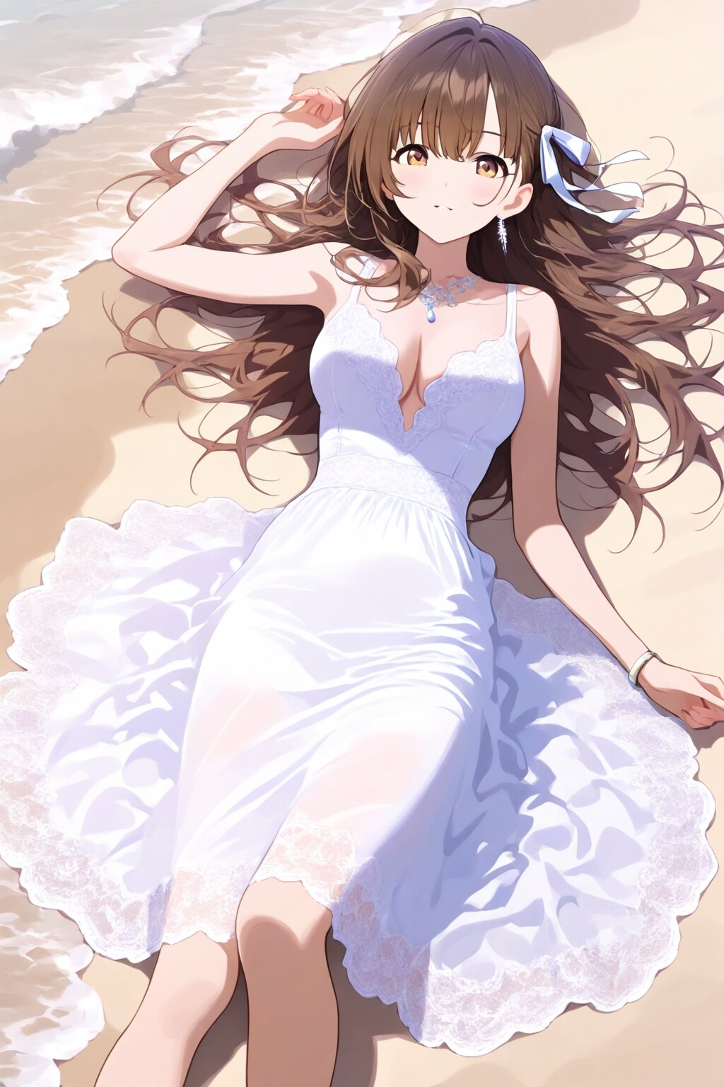 ビーチを騒がす白いレースのロングドレスを着た美女の写真の様に精細な全身画像