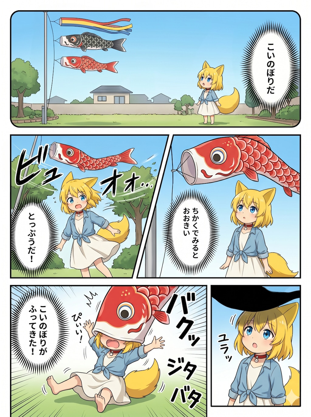 こいのぼりに丸のみされるキツネ