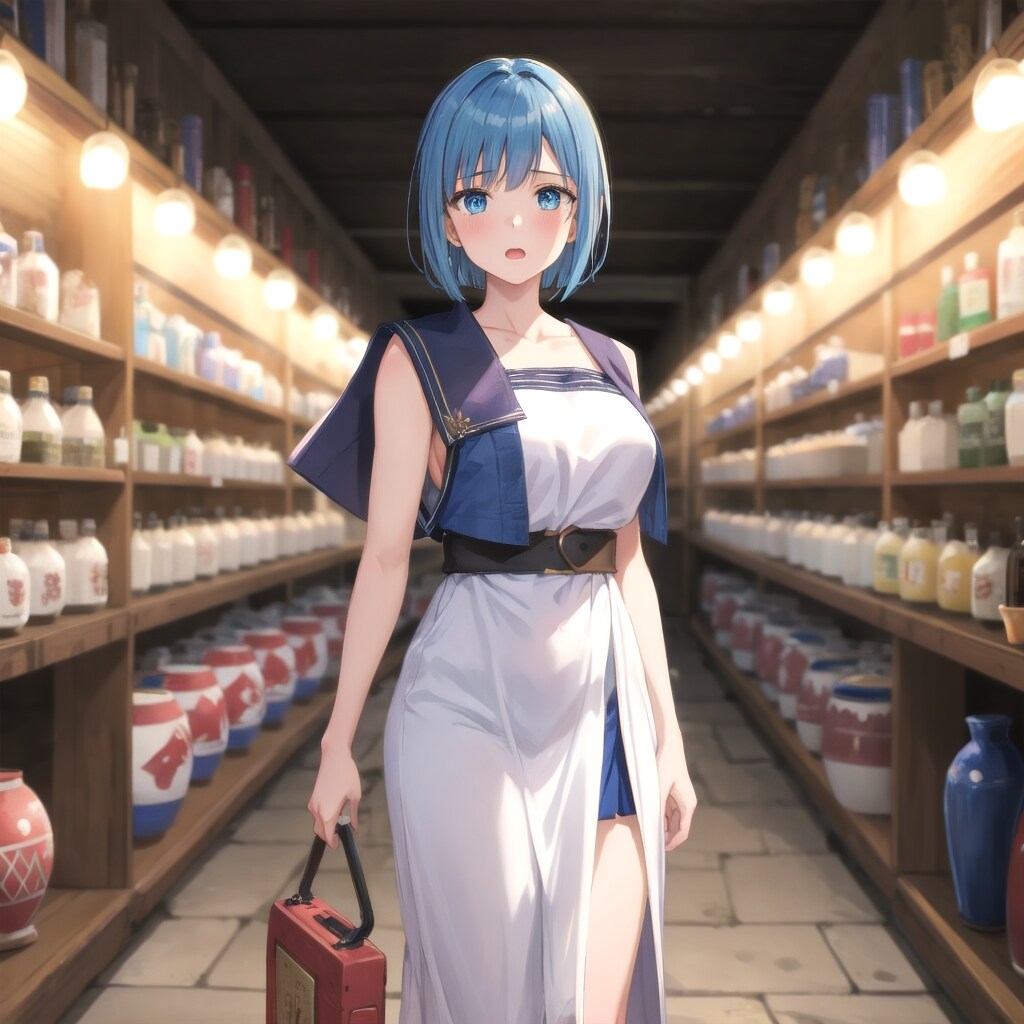 市場で戸惑う青髪ボブ子 | の人気AIイラスト・グラビア