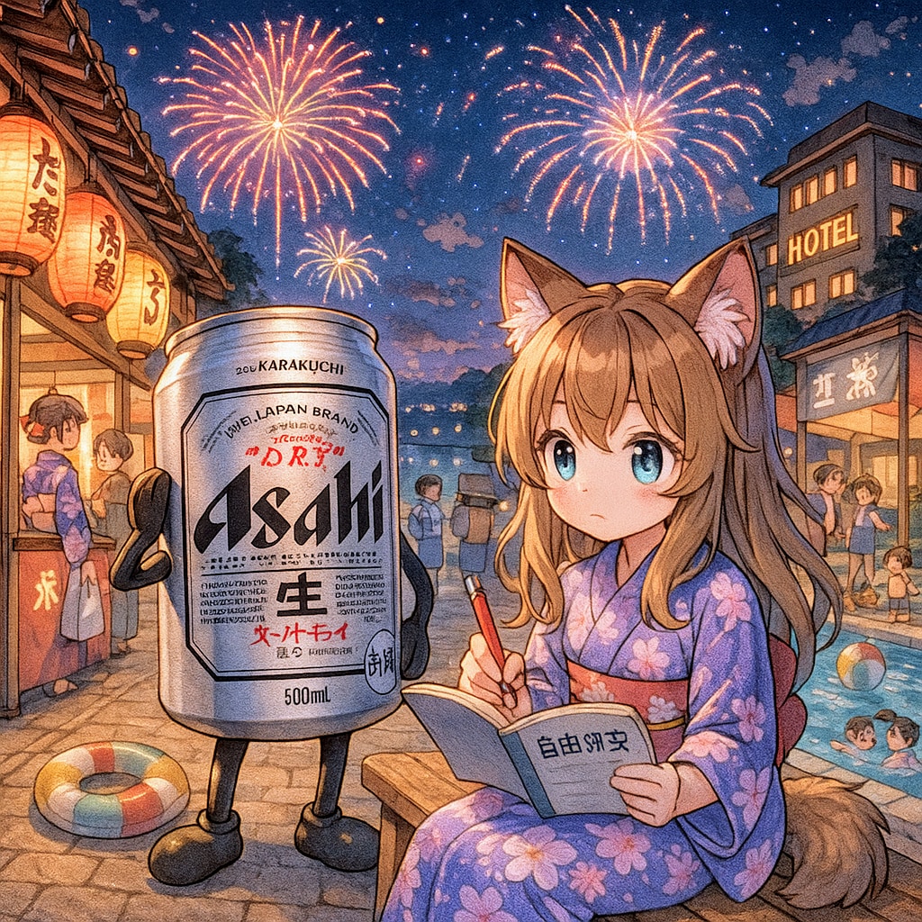 旅先のプール付きホテルで開かれている夏祭りで花火を見ながら宿題をする小さな女の子