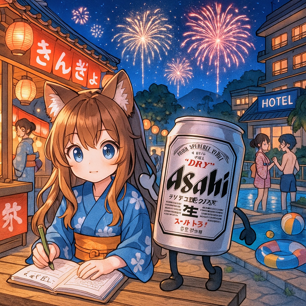 旅先のプール付きホテルで開かれている夏祭りで花火を見ながら宿題をする小さな女の子