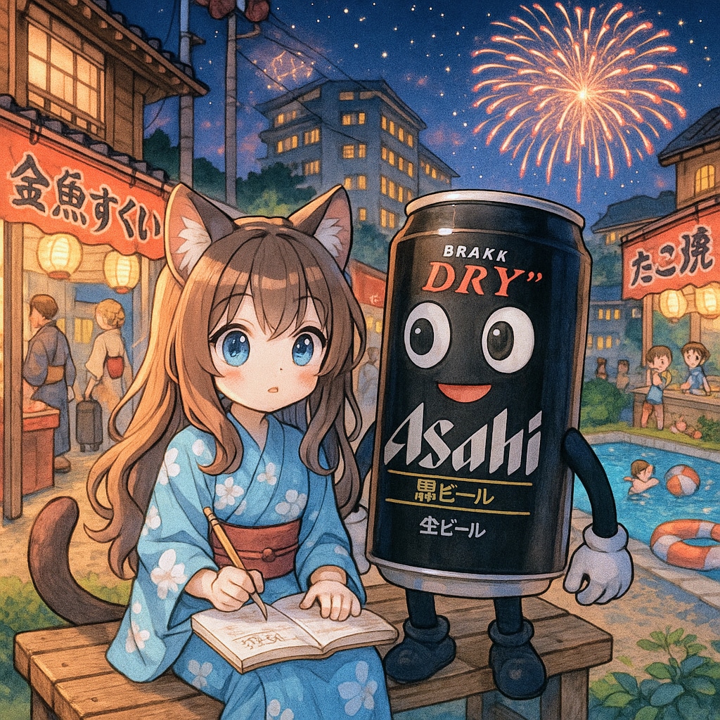 旅先のプール付きホテルで開かれている夏祭りで花火を見ながら宿題をする小さな女の子