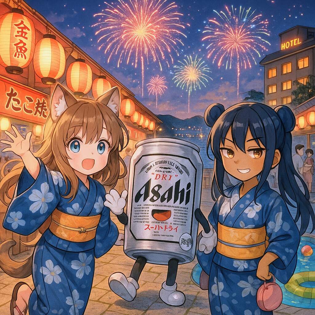 旅先のプール付きホテルで開かれている夏祭りで花火を見ながら宿題をする小さな女の子