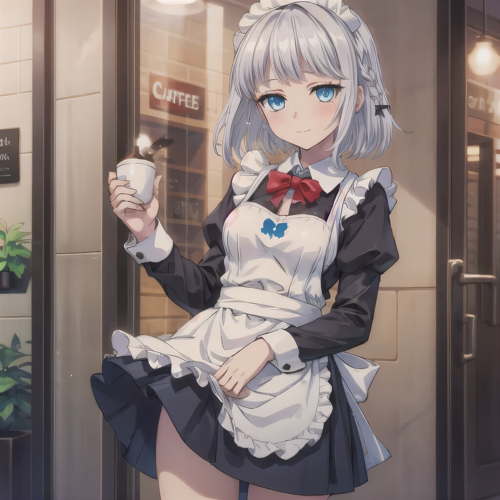 銀髪ボブでカフェの少女