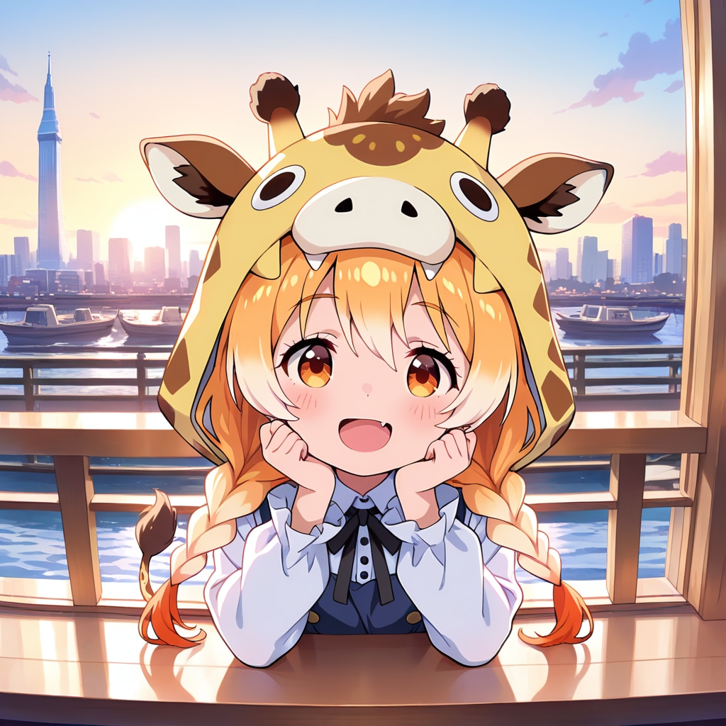 都会の夜明けとキリンフーディーみつあみちゃん