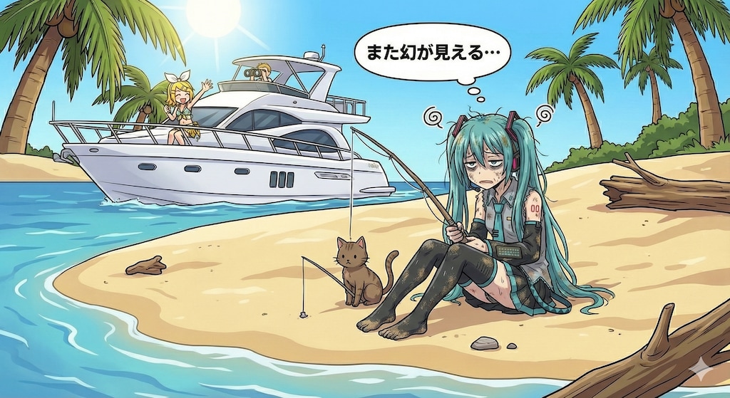 ミクさん 無人島で釣りをする