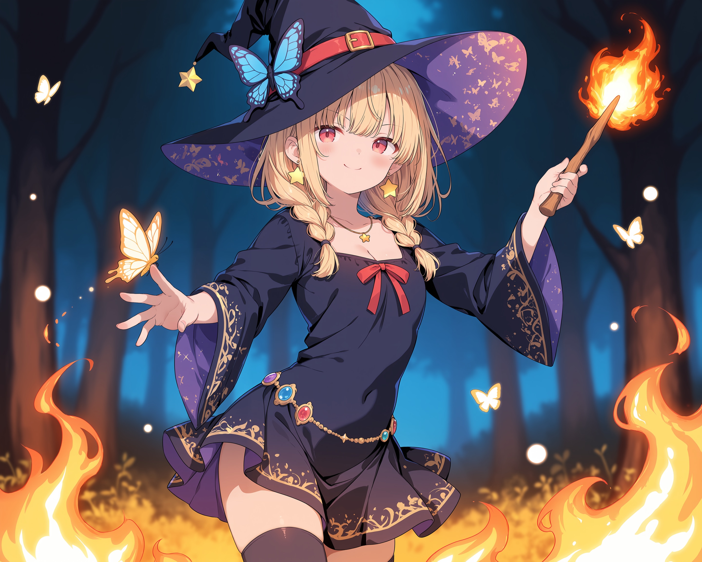 森で火を放つ悪い魔法使いちゃんです