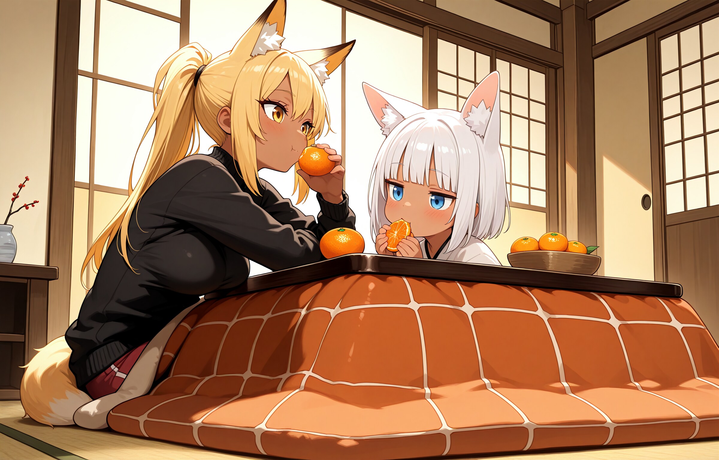 炬燵でみかんを食べる金狐と白狐ちゃん