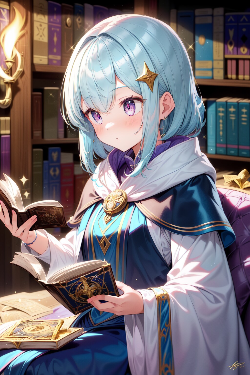 魔導書を読み比べている女の子
