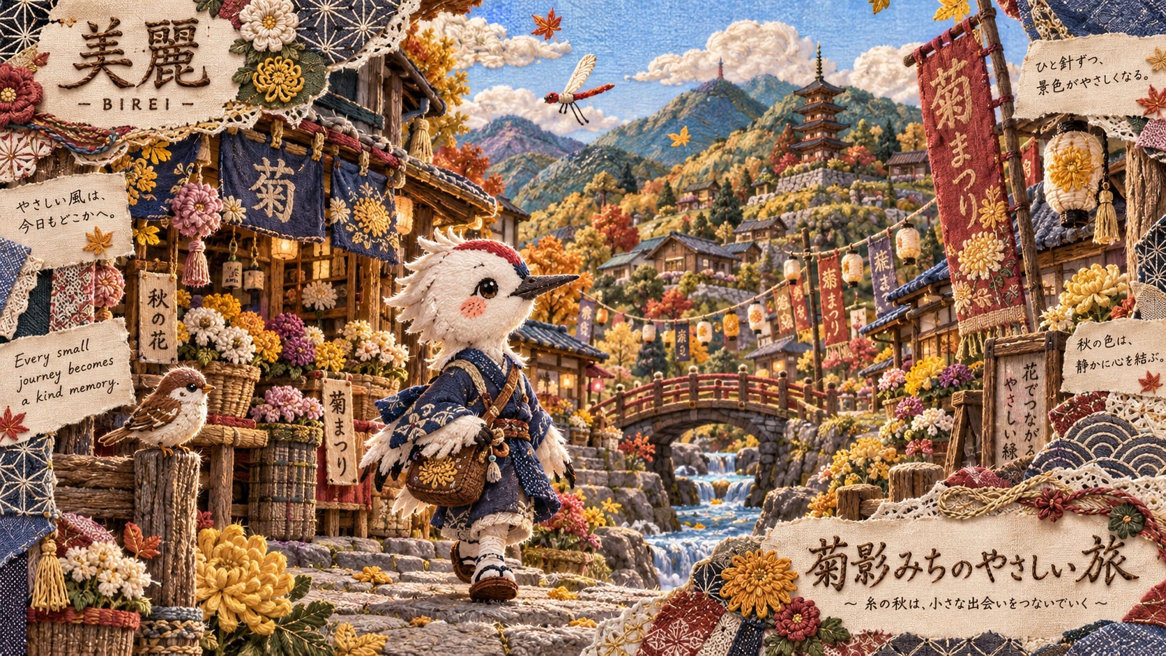 A little embroidered bird traveler wandering into the chrysanthemum festival, autumn mountains risin | の人気AIイラスト・グラビア