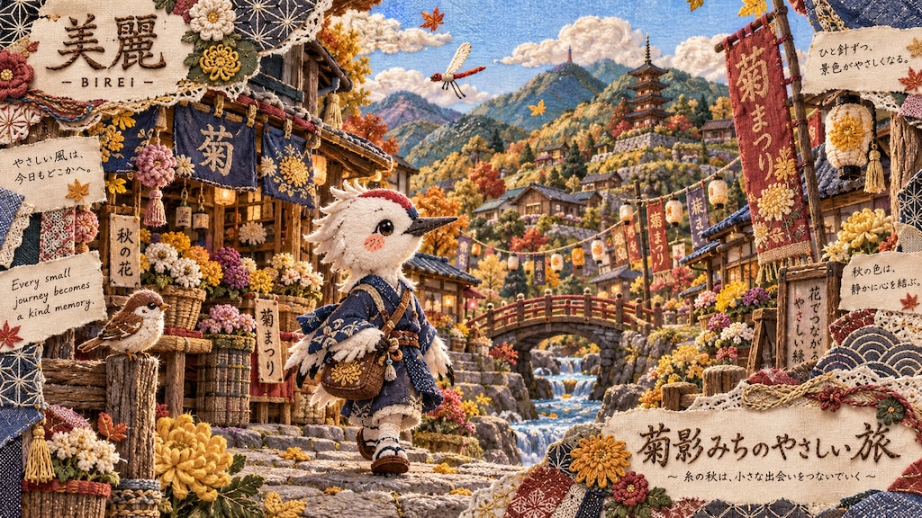 A little embroidered bird traveler wandering into the chrysanthemum festival, autumn mountains risin