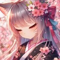 アニメ油絵風、春桜の伏し目猫娘＆猫 3枚目