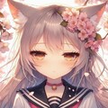 アニメ油絵風、春桜の伏し目猫娘＆猫 2枚目