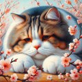 アニメ油絵風、春桜の伏し目猫娘＆猫 5枚目