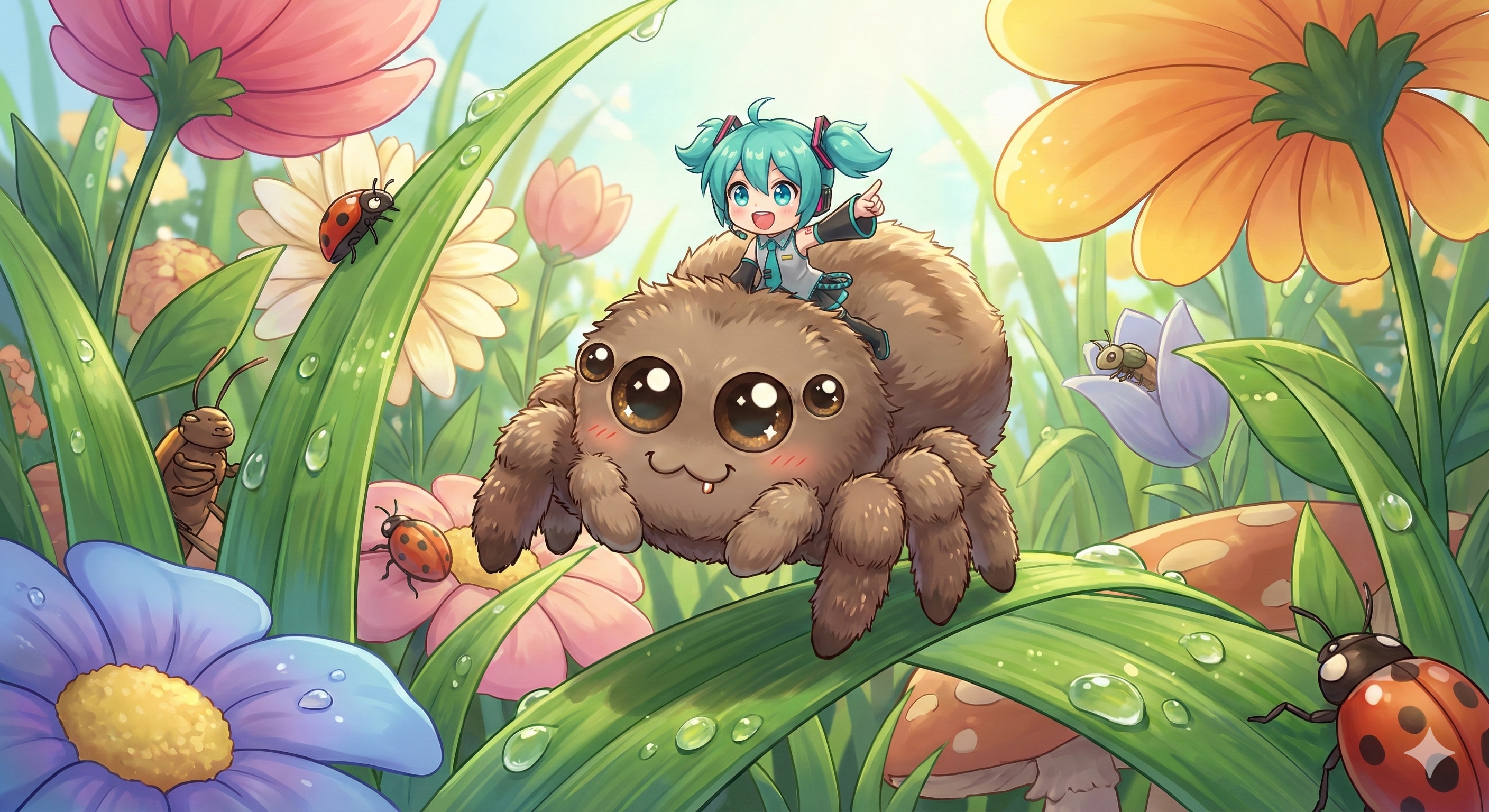 小さなミクちゃんはコロちゃんに乗ってお庭を冒険 | の人気AIイラスト・グラビア