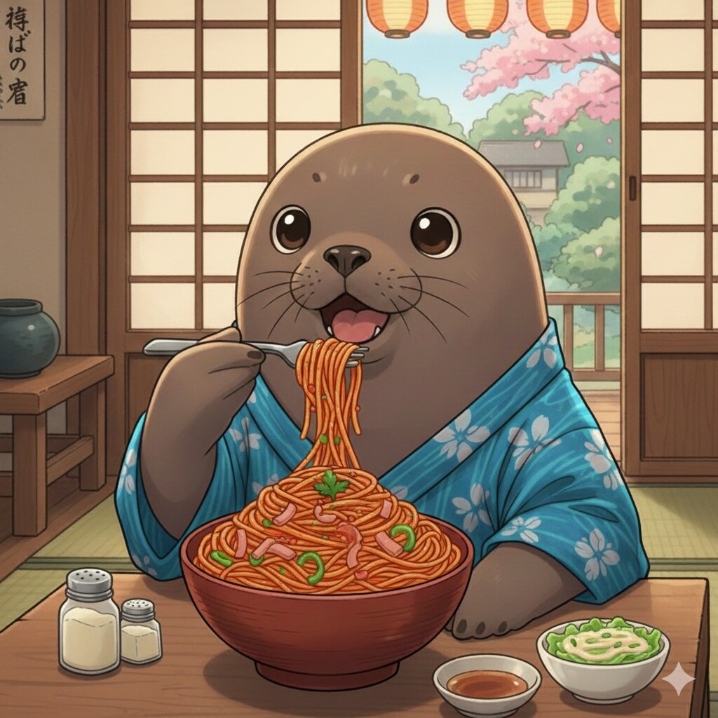 ナポリタンを食べるアザラシ