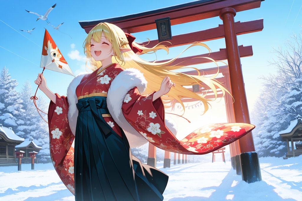 凧あげ？しているエルフの女の子