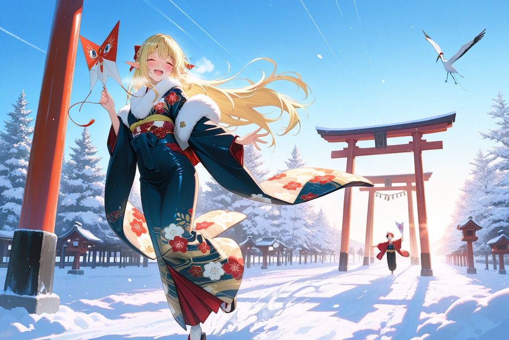 凧あげ？しているエルフの女の子