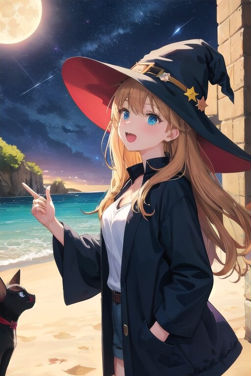 砂浜の魔女と月 | の人気AIイラスト・グラビア